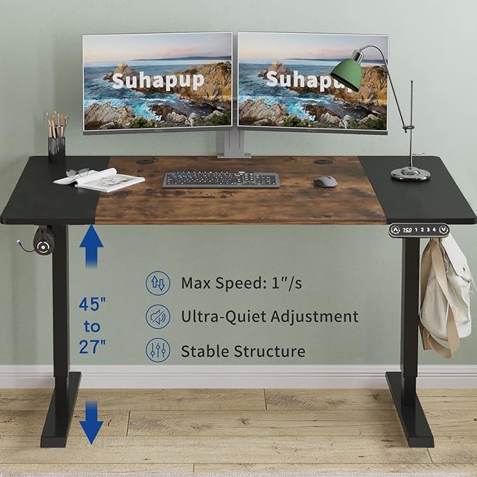 Electric Height Adjustable Standing Desk, 63 x 30inches Height Adjustable Computer Desk Sit Stand Desk Home Office Desks with Splice Board-DeskLoop Office