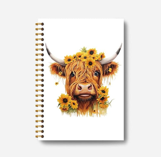 Sunflower Highland Cow Notebook - Western Notebook, Cow Notebook, Highland Cow Office Supplies, Highland Cow Gifts, Cow Stuff, Farmhouse Highland Cows Spiral Notebook 5.5x8.3-DeskLoop Office