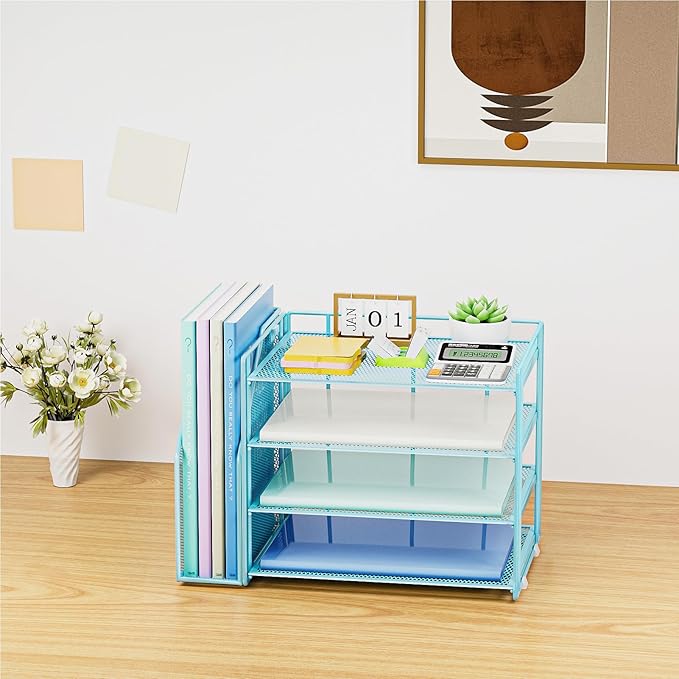 Marbrasse Desk Organizer and Accessories,4-Tier Paper Letter Tray Organizer with File Holder,Desk Accessories & Workspace Desktop Organizers for School Home Office Supplies (Blue)