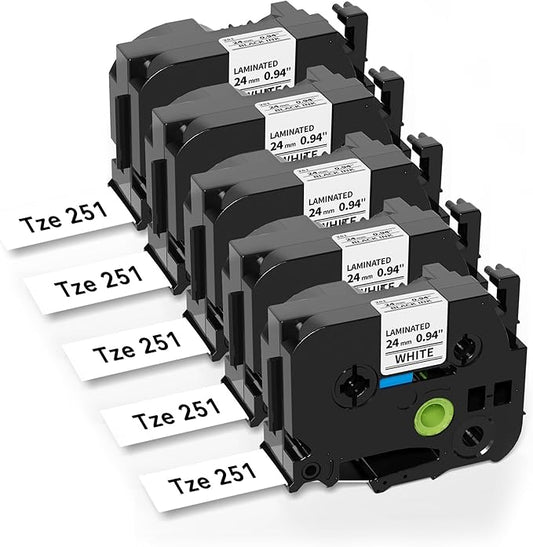 TZe-251 24mm .94 Laminated White Tape Compatible for Brother PT-P610BT Label Maker, TZe251 TZ-251 24mm 1 Inch for Brother P-Touch PTD600 PT-D710BT PT-P750W PT-P700 PT-E560 Label Maker,5-Pack-DeskLoop Office