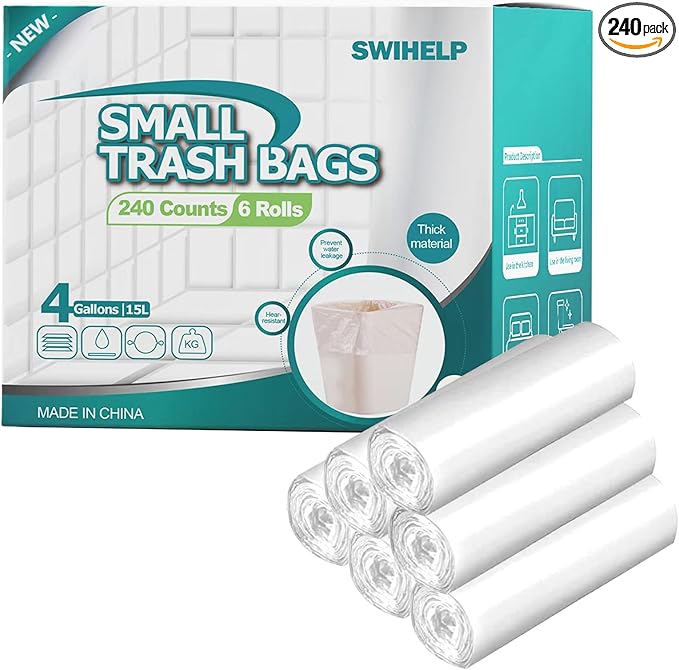 SWIHELP Trash Bags, 4 Gallon / 15 Liters Small Garbage Bags for Office, Kitchen,Bedroom Waste Bin,Colorful Portable Strong Rubbish Bags,Wastebasket Bags 240 Counts-DeskLoop Office