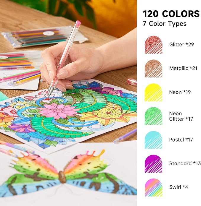 Gel Pen Refills, Shuttle Art 120 Colors (No Duplicates) Gel Pen Refills, 7 Color Types for Kids Adults Coloring Books Drawing Doodling Crafts Scrapbooking Journaling-DeskLoop Office
