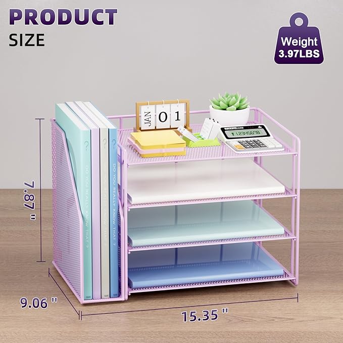 Marbrasse Desk Organizer and Accessories,4-Tier Paper Letter Tray Organizer with File Holder,Desk Accessories & Workspace Desktop Organizers for School Home Office Supplies (Purple)