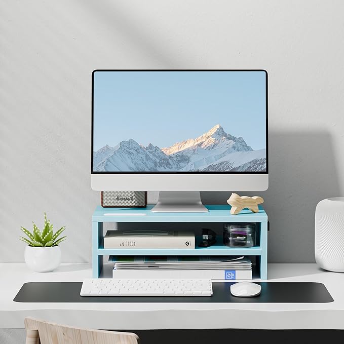 Marbrasse Monitor Stand Riser, 16.5 Inch 2 Tier Computer Printer Shelf Stand for Laptop Computer Screen Storage, Desktop Stand with Phone Holder and Cable Management (Blue)-DeskLoop Office