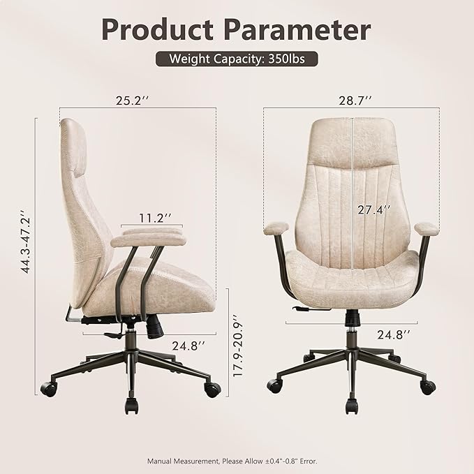 Mid Century Modren Office Chair - High Back Swivel Executive Chair with Lumbar Support,Ergonomic Computer Desk Chair with Wheels,Faux Lether Suede Task Chair,350lbs (Beige, High Back)-DeskLoop Office