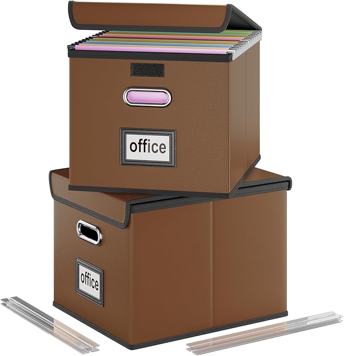 Huolewa File Organizer Boxes with Lids, Collapsible Faux Leather Hanging File Folder Box Organizer with Plastic Slide, Decorative Home/Office Filing System Boxes for File and Folders Storage-DeskLoop Office