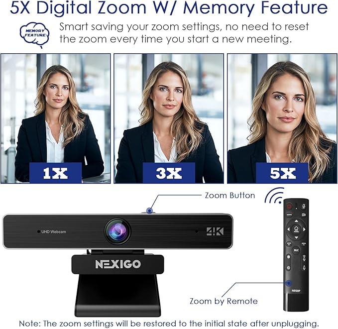 Zoom Certified, NexiGo N950P (Gen 2) 4K Zoomable Webcam, RF Remote, Sony_Starvis Sensor, 5X Digital Zoom, Pro Web Camera with Dual Stereo Mics, for Zoom Skype Teams Twitch-DeskLoop Office