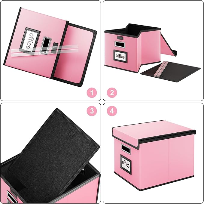 Huolewa File Organizer Box with Lid, Collapsible Leather File Folder Organizer for Office Document Storage, Filing Box with Plastic Slide for Letter/Legal Size Hanging Files, Pink-DeskLoop Office