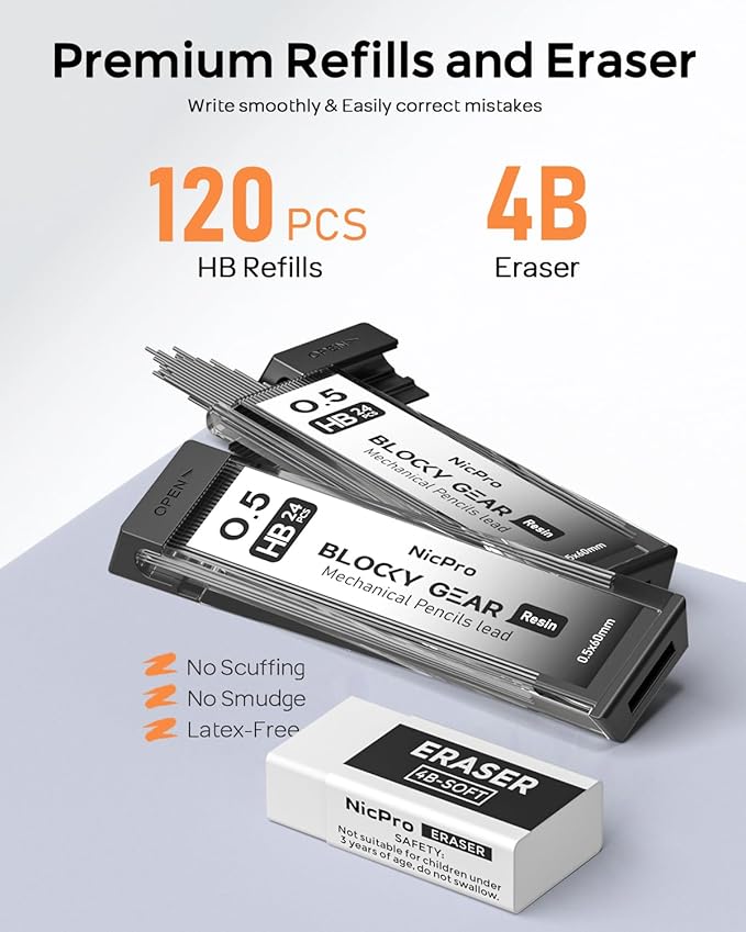 Nicpro Blocky Gear 0.5 mm Mechanical Pencil Set in Case, Metal Pencil with Lead Refills, Eraser for Professional & Adult Art Writing Drafting Drawing-DeskLoop Office