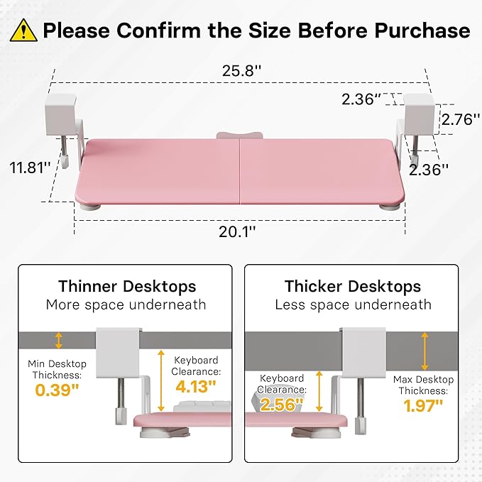 BONTEC KMT01-PJ Under Desk Keyboard Tray, Pull-Out Keyboard & Mouse Platform with C-Clamp, 20 x 11.8 in Space-Saving Ergonomic Slide-Out Drawer, Pink-DeskLoop Office