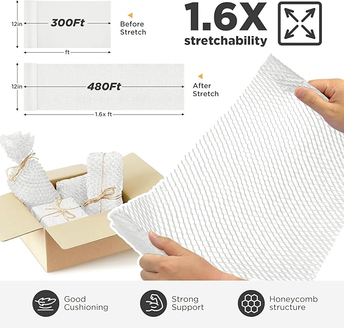 Honeycomb Packing Paper, 12"x300' White | Perforated Honeycomb Packing Paper Recyclable Moving Supplies for Shipping & Moving | Plastic-Free Alternative to Bubble Cushion Wrap with 36 Fragile Stickers-DeskLoop Office