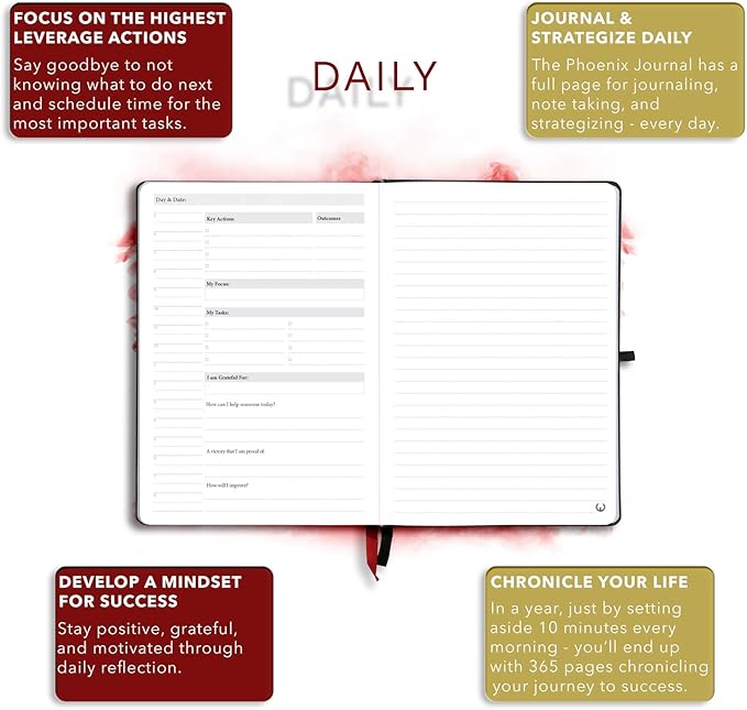 The Phoenix Journal - Best Daily Goal Planner, Organizer, & Calendar for Goal Setting, Gratitude, Happiness, & Productivity - Vision Board & Habit Tracking - 12 Weeks, Undated, Hardcover - Black-DeskLoop Office