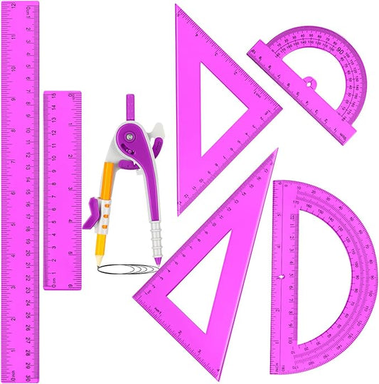 Zonon 1 Set Plastic Geometry Math Set 7 Pcs Includes 6'' / 4 '' Protractor, Drawing Compass, 45/60 Degree Triangle Rulers, 12'' / 6'' Math Ruler Transparent for Office Supplies(Purple)-DeskLoop Office