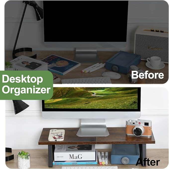 TEAMIX 24 inch Monitor Stand Riser, Rustic Brown Wood & Steel Computer Monitor Stand with Storage, Laptop, PC, Printer Stand Riser for Desktop Office Desk Organizers-DeskLoop Office