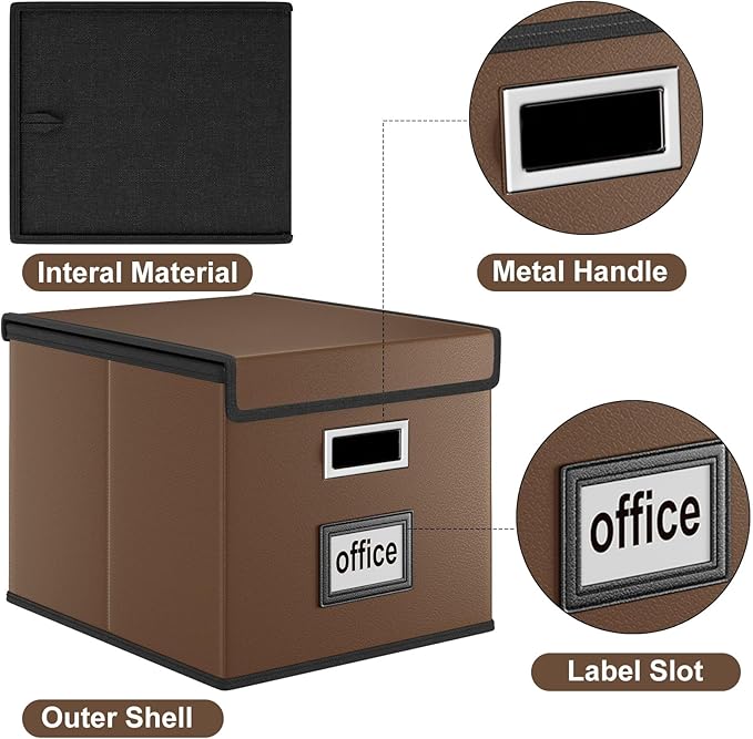Huolewa File Organizer Box with Lid, Collapsible Leather File Folder Organizer for Office Document Storage, Filing Box with Plastic Slide for Letter/Legal Size Hanging Files, Dark Brown, 4 pack-DeskLoop Office
