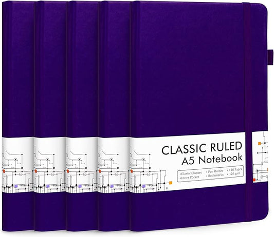 feela 5 Pack Journal Notebook Bulk for School, Hardcover Business Notebooks Classic Ruled Lined Journals with Pen Holder for Work Note Taking, with 5 Black Pens, 120 GSM, 5.1”x8.3”, A5, Purple-DeskLoop Office