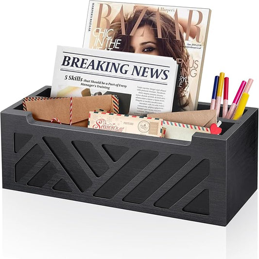 Mail Organizer Mail Holder Countertop with 2 Slots, Wood Mail Basket for Wall Table Desk, Envelope Bill Holder for Home Office Decor (Black-2)-DeskLoop Office