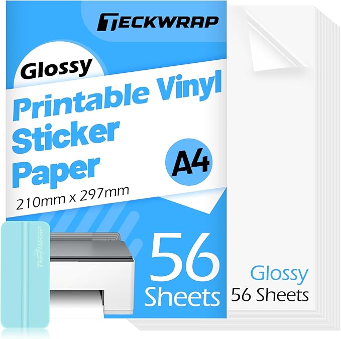 TECKWRAP Printable Vinyl Sticker Paper for Inkjet Printer, Glossy Inkjet Printable Vinyl, 8.26" x 11.69" A4 56 Sheets/Pack Printing Paper for Craft Scrap-Booking, Stickers, Labels-DeskLoop Office