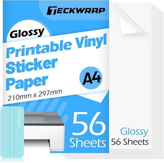 TECKWRAP Printable Vinyl Sticker Paper for Inkjet Printer, Glossy Inkjet Printable Vinyl, 8.26" x 11.69" A4 56 Sheets/Pack Printing Paper for Craft Scrap-Booking, Stickers, Labels-DeskLoop Office