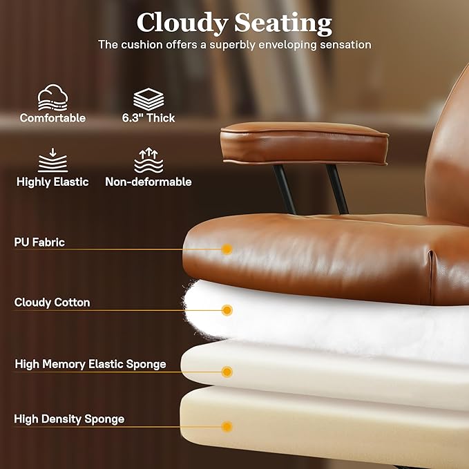 Mid Century Modren Big and Tall Office Chair,Large Ergonomic Executive Chair for Heavy Duty People, Computer Desk Task Chair with Wheels, Faux Lether Fabric Wide Chair for Home Sturdy,Brown(PU)-DeskLoop Office