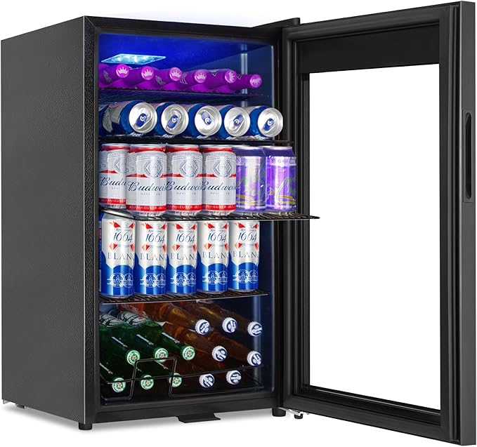 Beverage Refrigerator Cooler, 128 Cans 3.2 Cu.Ft Mini Fridge Glass Door for Drink Beer Soda Wine, Small Fridge with 4 Adjustable Removable Shelves for Kitchen, Bedroom, Office, Bar, Gaming Room, Black-DeskLoop Office