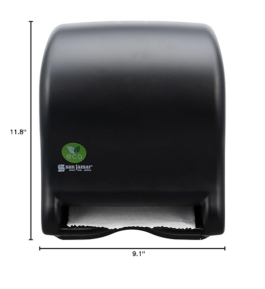 San Jamar Ecologic Tear-N-Dry Recycled Plastic Electronic Paper Towel Dispenser, Battery Powered Towel Dispenser, Wall Mounted Dispenser with Zero Waste for Home and Business, 10 Inch Rolls, Black-DeskLoop Office