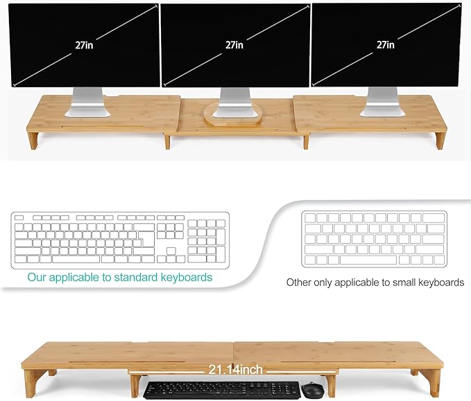 Nnewvante Monitor Stand Riser, 60 inch Large Bamboo Dual Monitor Stand for Desk, 3 Shelves Desktop Screen Riser with Adjustable Length Angle for Computer Laptop PC-DeskLoop Office