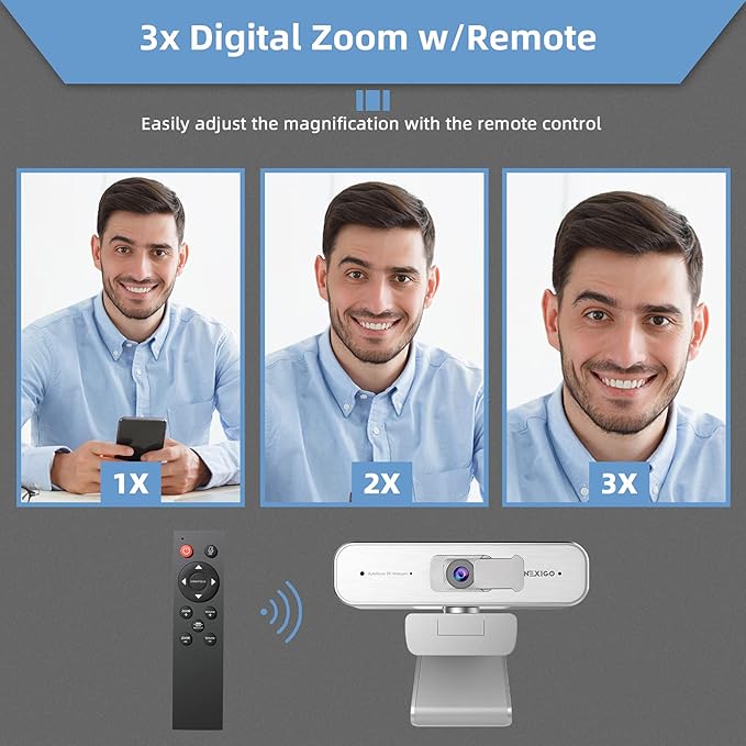 NexiGo N940P 2K Zoomable Webcam with Remote and Software Controls | Sony Starvis Sensor | 1080P@60FPS | 3X Zoom | Dual Stereo Microphone, for Zoom/Skype/Teams/Webex (Silver)-DeskLoop Office