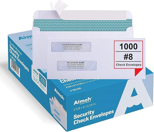 Aimoh #8 Double Window Self Seal Security Envelopes - for Business Checks, QuickBooks & Quicken Checks, Size 3 5/8 x 8 11/16 Inches - Checks Fit Perfectly - Not for Invoices, 1000 Count (30180-1000)-DeskLoop Office