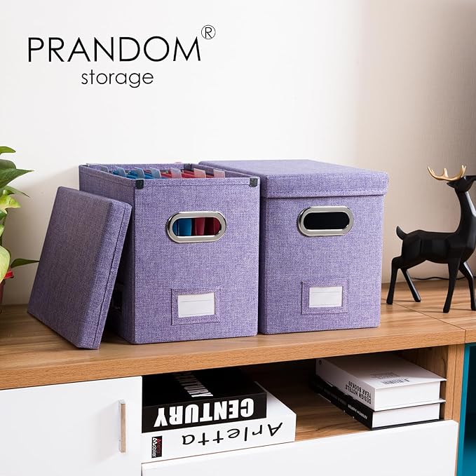 PRANDOM File Organizer Box - Set of 1 Collapsible Decorative Linen Filing Storage Hanging File Folders with Lids Office Cabinet Letter Size Purple (14x9.3x10.8 inch)-DeskLoop Office