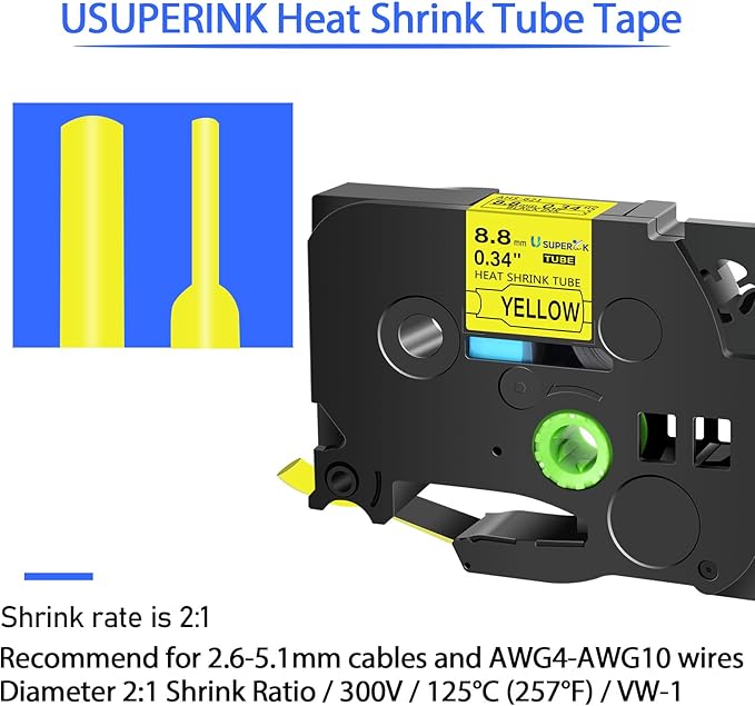 10PK Compatible for Ptouch HSe-621 HSe621 HS-621 HS621 Black on Yellow 8.8mm 0.34'' Heat Shrink Tubing for Wire Cable for PT300 PT-300B PT310 PT310B PT320 Label Maker Tape-DeskLoop Office