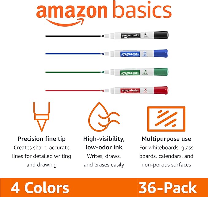 Amazon Basics Low-Odor Dry Erase Whiteboard Markers, Fine Tip, 4 Assorted Colors, 36 Count-DeskLoop Office