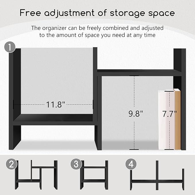 Jerry & Maggie Desktop Organizer Office Storage Rack Adjustable Wood Display Shelf Free Style Double H, Multi-Functional Mini Bookshelf for Desk Natural Stand (Black)-DeskLoop Office