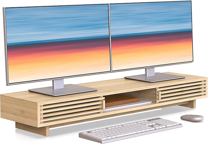 Dual Monitor Stand Riser with Sliding Door, Double Computer Laptop Stand Desk Shelf Organizer with Storage (Natural Bamboo, 38 Inch)-DeskLoop Office