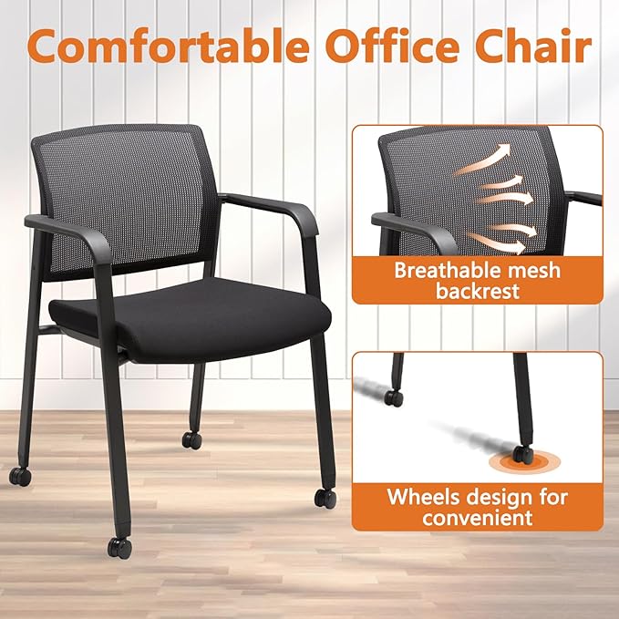 CLATINA Mesh Back Guest Reception Arm Chairs with Wheels, Waiting Room Chairs with Upholstered Fabric Seat and Ergonomic Lumbar Support for Office-DeskLoop Office