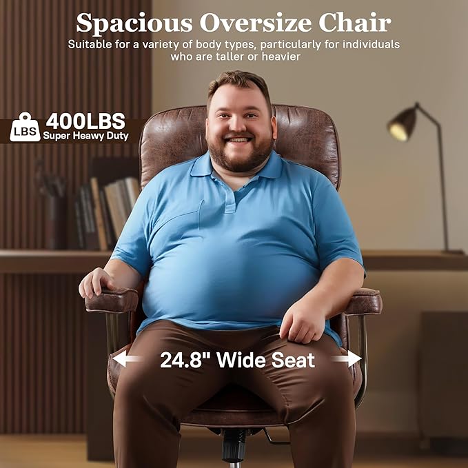 Mid Century Modren Large Office Chair, Big and Tall Ergonomic Executive Chair for Heavy Duty People, Computer Desk Task Chair with Wheels, Faux Lether Fabric Wide Chair for Home Sturdy,Dark Brown-DeskLoop Office