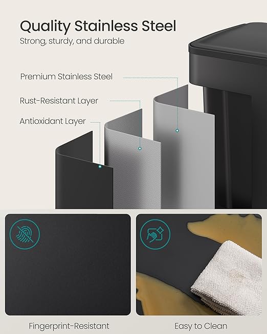 SONGMICS Trash Can, 2 x 8 Gallon (2 x 30 L) Dual-Compartment Garbage Can with Soft-Close Lid, Pedal and Inner Buckets, Stainless Steel, Includes 15 Liner Bags, Ink Black ULTB741B01-DeskLoop Office