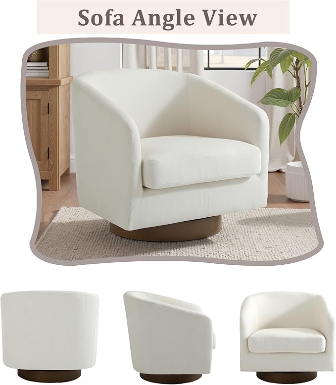 UIXE Swivel Accent Chair with Wood Base, Fabric Upholstered Barrel Chairs for Living Room, Comfy Round Armchair Single Sofa Bedroom Reading Seat - 31" W, Beige-DeskLoop Office
