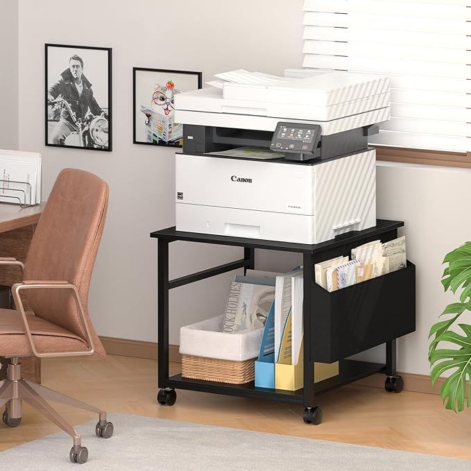 Lerliuo Large Printer Stand with Storage Shelf, 23.6 x 23.6 x 22.8 Industrial Printer Table for Home Office, Rolling Printer Cart Holder with Lockable Wheels, Mobile Mini Fridge Stand Table (Black)-DeskLoop Office