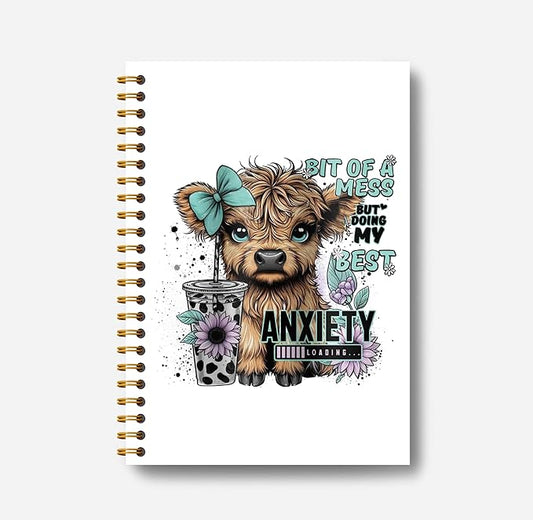 Bit of a Mess Anxiety Funny Highland Cow Notebook - Western Cow Notebook, Highland Cow Office Supplies, Highland Cow Gifts, Cow Lover Gifts, Cute Cow Stuff, Cow Spiral Notebook 5.5x8.3-DeskLoop Office