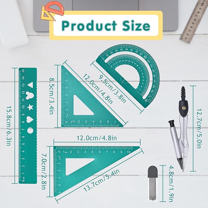 6 Pcs Metal Geometry Set, Math Geometry Kit, Metal Ruler Set and Compass Geometry Tool, Rulers Protractor and Compass Set for Student School and Drawings Supplies (Green)-DeskLoop Office