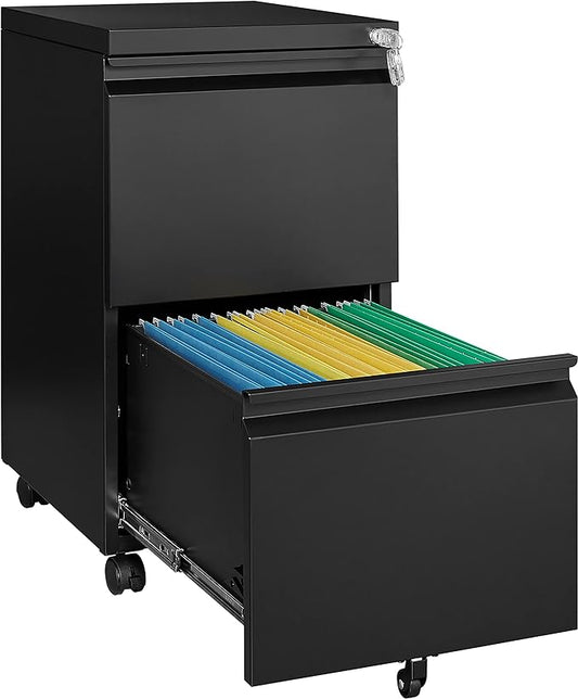 2 Drawer Vertical File Cabinet - Mobile Filling Cabinet with Lock for Legal/Letter Files - Office Storage File Cabinet with Wheels Under Desk - Assembly Required-DeskLoop Office