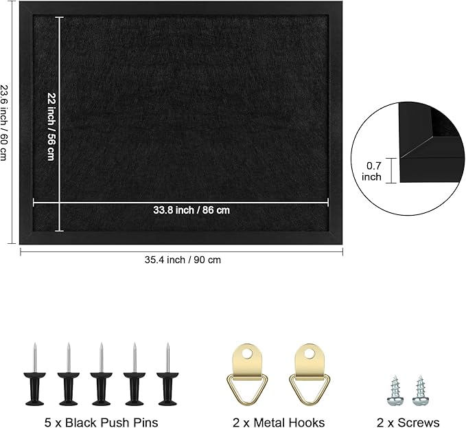 TORASO Cork Board Bulletin Board, 23.5" X 35.5" Cork Boards for Walls with Pins, Eye Bolts, gaskets, Screws, Pin Board for Office, School and Home (BK,60x90cm,1p)-DeskLoop Office