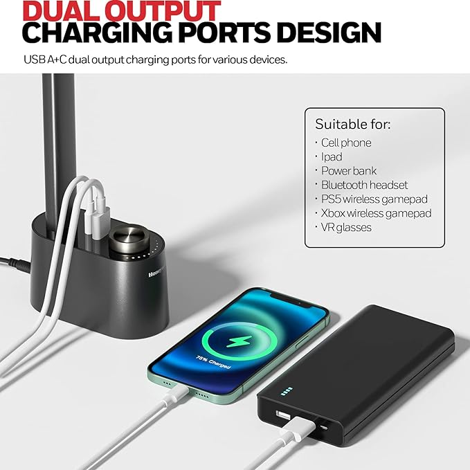 Honeywell Sunturaluxโข LED Desk Lamp with USB Charging Ports HWT-H01 - Stepless Dimmable Eye Caring Desk Light for Home Office Bedroom Bedside College Dorm, Foldable Table Lamp Reading Lamp Black