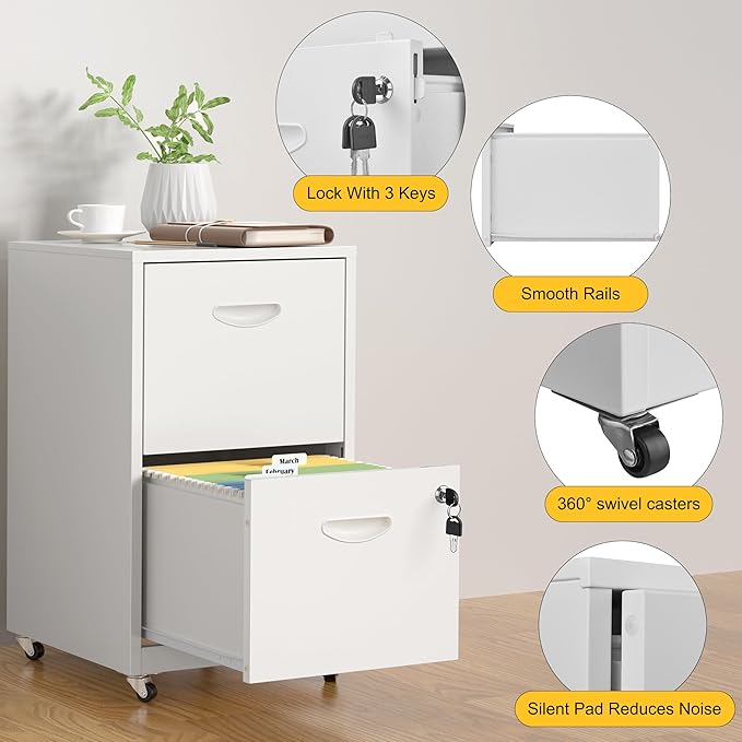 2 Drawer File Cabinet with Lock,White Rolling File Cabinet for Home Office, Metal Small Mobile Filing Cabinets on Wheels for Hanging Letter