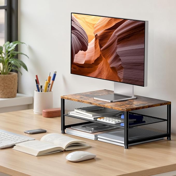 Computer Monitor Stand Riser, Desk Organizers and Accessories, Printer & Laptop Stand, Office Desk Accessories & Desktop Workspace Organizers for Office Supplies (Brown)-DeskLoop Office