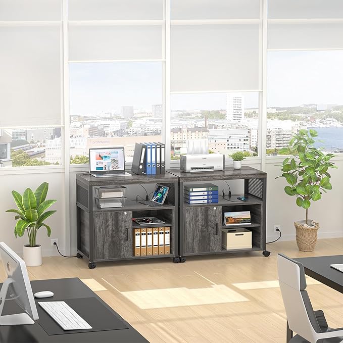 Unikito Rolling File Cabinet Lateral Office Filing Cabinets with Socket and USB Charging Port, Modern Printer Stand on Wheels Printer Cabinet with Door and Open Storage, Lockable, Black Oak-DeskLoop Office