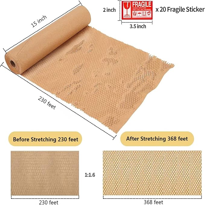 Honeycomb Packing Paper, HONSREO 15 Inches x 230 Feet Eco Friendly Recyclable Cushioning Material, Bubble Wrap for Moving Shipping Breakable Supplies with 20 Fragile Sticker Lables (Brown)-DeskLoop Office