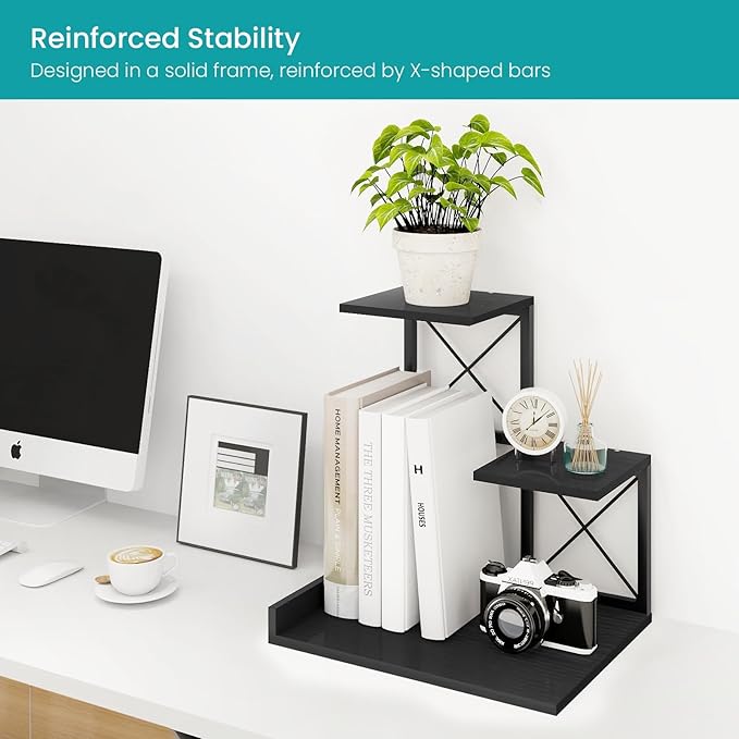 ELITEROO Wood Desktop Shelf, 3 Tier Desk Shelves Small Bookshelf Organizer, Office Storage Rack and Cubicle Organizers Accessories for Dorm Office Home Decor, Black-DeskLoop Office