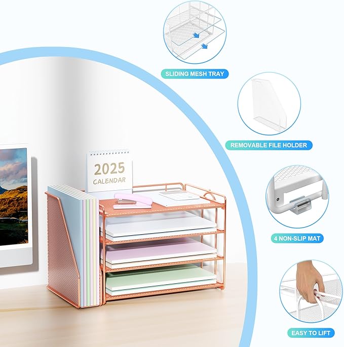 Spacrea Desk Organizers and Accessories, Paper Organizer for Desk with File Organizer, Desk Accessories & Workspace Organizers for Office Supplies (Rose Gold)-DeskLoop Office